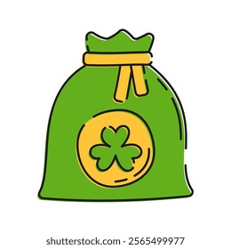 Money Bag Illustration, A green bag with a shamrock Illustration, symbolizing wealth and luck.