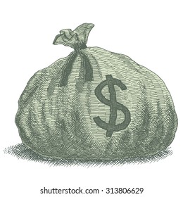 Money Bag Illustration: Old-style vintage vector drawing of a sack of money with dollar sign 