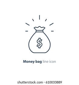 Money bag, income growth, financial savings account concept vector mono line icon