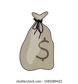 Money bag isolated on white background. Sack of money. Money bag icon or logo. Brown money bag flat simple cartoon illustration with black rope and dark dollar sign. Finance theme. Stock vector