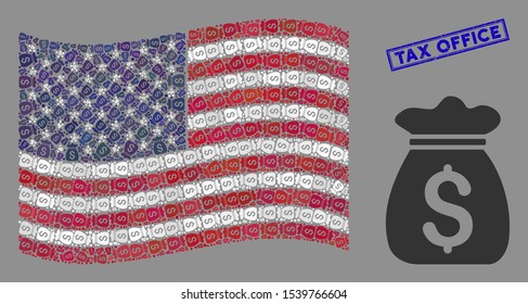 Money bag items are organized into American flag mosaic with blue rectangle distressed stamp watermark of Tax Office text. Vector composition of America waving state flag is done with money bag items.