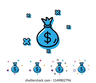 Money bag line icon. Cash Banking currency sign. Dollar or USD symbol. Line icon with geometric elements. Bright colourful design. Vector