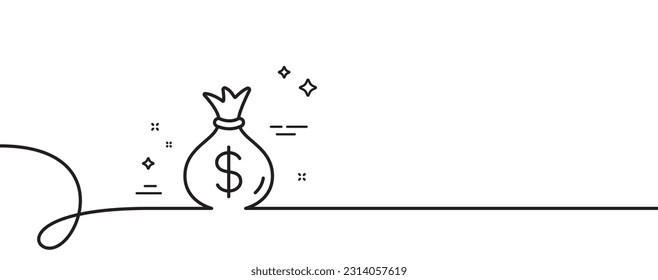Money bag line icon. Continuous one line with curl. Cash Banking currency sign. Dollar or USD symbol. Money bag single outline ribbon. Loop curve pattern. Vector
