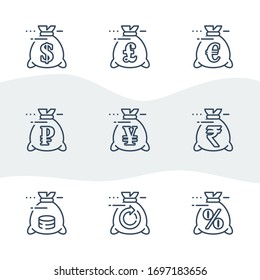 Money Bag Line Icon Set, Currency Exchange, Pound And Euro Sign, Ruble And Rupee Symbol, Yen And Sack, Revenue Increase, Budget Plan, Loan Payment,business Expenses, Bank Savings Account