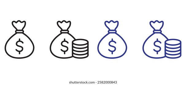 Money bag line icon set. Simple outline design style. Dollar, moneybag, cash, million, sack concept. Vector illustration isolated on White background.