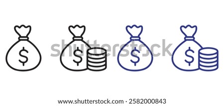 Money bag line icon set. Simple outline design style. Dollar, moneybag, cash, million, sack concept. Vector illustration isolated on White background.