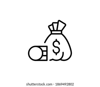 Icono de la línea de la bolsa de dinero. Símbolo vectorial en estilo plano y a la moda sobre fondo blanco. Canto web para diseño.