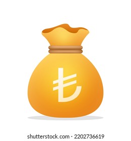 Money bag with lira sign. Cash, money, business and finance element, financial solution, prepayment and investment concept. 3d vector Turkish lira currency icon.