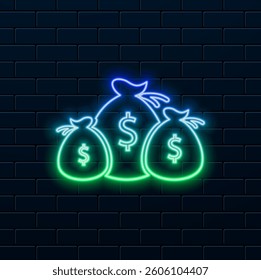 money bag logo vector icon. neon style. three american dollar money bag with dollar sign..