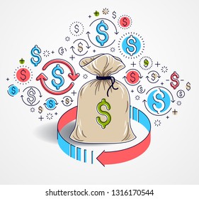 Money bag with loop arrow and icon set vector design, savings or investments concept, currency exchange, return on investment, insurance concept, marketplace or shop.