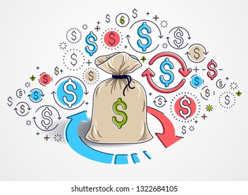 Money bag with loop arrow and icon set vector design, savings or investments concept, currency exchange, return on investment, insurance concept, marketplace or shop.