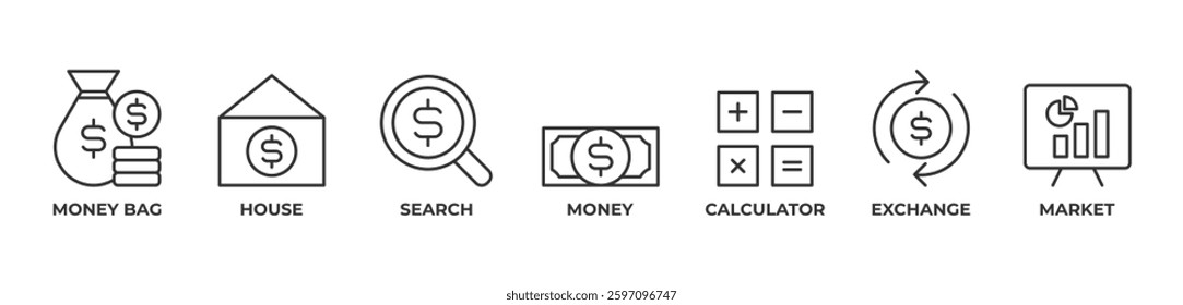 Money Bag to Market Icons set vector illustration with Money bag, House, Search, Money, Calculator, Exchange, Market
