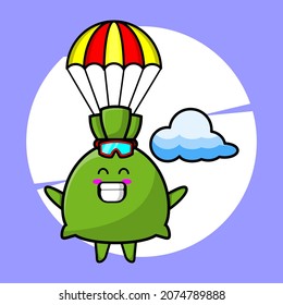 Money bag mascot cartoon is skydiving with parachute and happy gesture cute style design for t-shirt, sticker, logo element