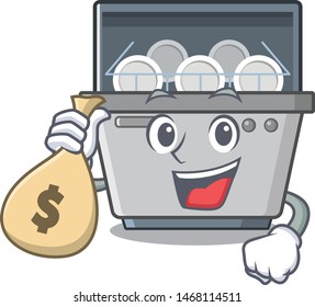 With money bag mascot dishwasher machine in the kitchen