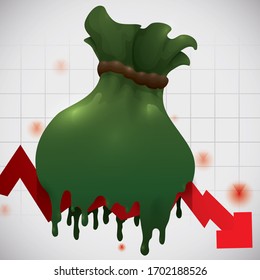 Money bag melting in falling red arrow over squared background, representing the economic recession.