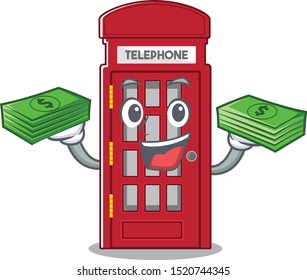 With money bag miniature telephone booth above cartoon table