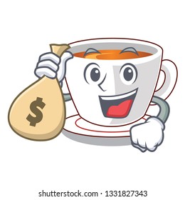 With money bag mint tea above wooden cartoon table