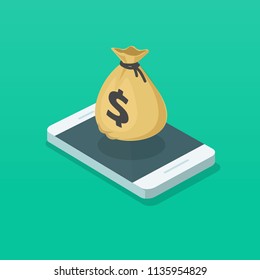 Money bag and mobile phone vector illustration, 3d isometric smartphone and cash bag, concept of electronic wallet app, money received, internet profit earnings, cellphone digital seal, win or prize