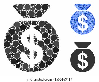 Money bag mosaic of small circles in different sizes and color tones, based on money bag icon. Vector small circles are composed into blue composition.