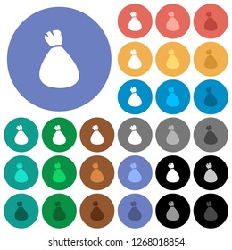 Money bag multi colored flat icons on round backgrounds. Included white, light and dark icon variations for hover and active status effects, and bonus shades.