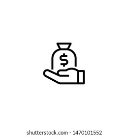 Money bag on hand vector icon. Save Money icon. Investment, bank development economics strategy sign. Symbol can be used for web, logo, mobile app, UI, UX