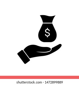 Money bag on hand vector icon, salary symbol. Simple, flat design for web or mobile app