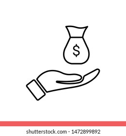 Money bag on hand vector icon, salary symbol. Simple, flat design for web or mobile app