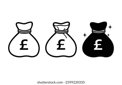 Money bag  on with pound sign line art style. Money bag icon set. Money Bag banking Icon set vector silhouette white background. finance theme, income taxes revenue prize