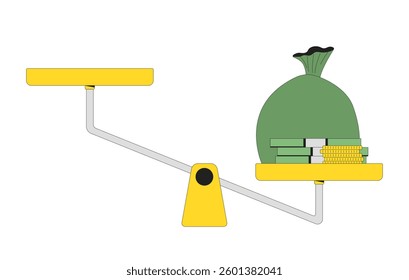 Money bag on tilted balance scale 2D cartoon object. Wealth inequality. Financial disparity. Cash stacks coins weighing down isolated element flat vector clip art on white. Spot illustration