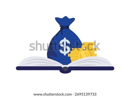 Money bag on top of open book, financial education knowledge concept