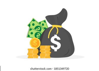 Money bag on which dollar sign. Dollars banknotes. Cash money, a bunch of coins.Money bag, a pile of money, packs of dollars 