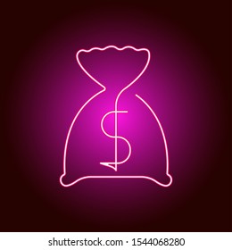 Money Bag One Line Drawing. Vector Neon Icon. Pink Color