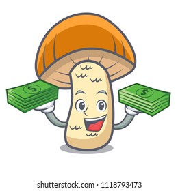 With money bag orange cap boletus mushroom mascot cartoon
