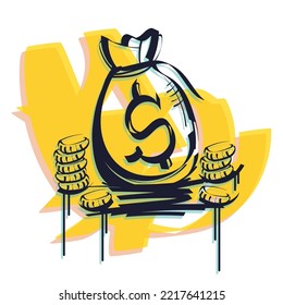 Money Bag. Outline Graffiti Style On Colored Blur. Isolated On White Background Hand Drawn Colorful Modern Vector Illustration.