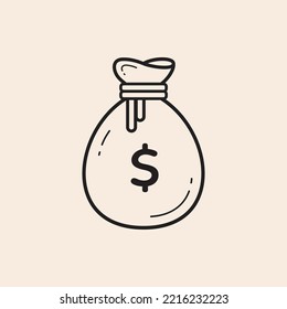 Money Bag Outline Icon With Dollar Symbol And String.