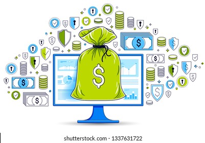 Money bag over computer monitor and dollar icons set, online banking or bookkeeping concept, internet electronic money, savings, vector design.