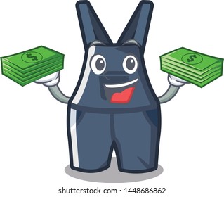 With money bag overalls hanging on a cartoon wall