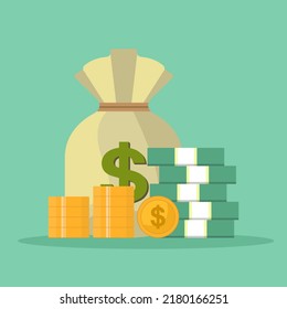 Money bag, paper money and golden coins with dollar sign, flat style vector illustration isolated on green background.