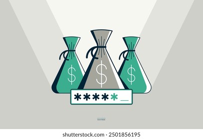 Money bag with password financial safety concept poster, vector icon style illustration af a moneybag secured by a password, personal finance protection, safe savings.