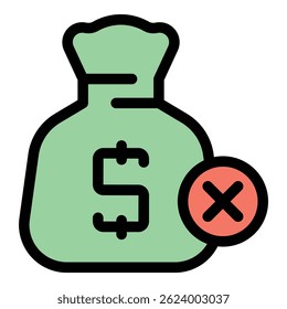 Money bag payment cancellation icon. Outline Money bag payment cancellation vector icon for web design isolated on white background color flat