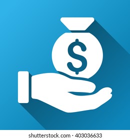 Money Bag Payment vector toolbar icon for software design. Style is a white symbol on a square blue background with gradient long shadow.