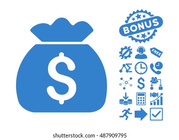 Money Bag pictograph with bonus design elements. Vector illustration style is flat iconic symbols, cobalt color, white background.