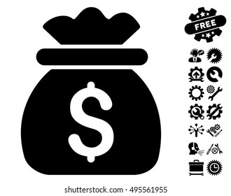 Money Bag pictograph with bonus tools graphic icons. Vector illustration style is flat iconic symbols, black color, white background.