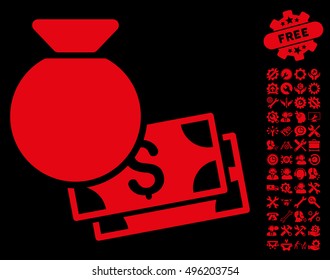 Money Bag pictograph with bonus tools symbols. Vector illustration style is flat iconic symbols, red color, black background.