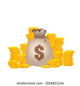 money bag with pile of coins vector illustration eps10