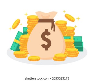 Money bag with pile or stack of golden coins and banknotes. Creative financial concept of rich or wealthy. Symbol of cash and currency. Trendy cute cartoon flat vector graphic element illustration.