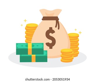 Money bag with pile or stack of golden coins and banknotes. Creative financial concept of rich or wealthy. Symbol of cash and currency. Trendy cute cartoon flat vector graphic element illustration.