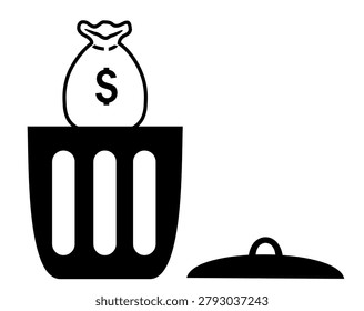 Money bag placed in a trash bin symbolizing wasted wealth and poor financial decisions. Minimal vector icon. Overspending, debt and budget mismanagement. Business illustration isolated on a white background