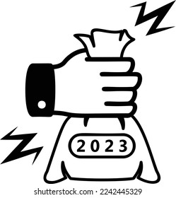 Money bag printed 2023 concept, Twenty Twenty three vector icon design, Happy New Year 2023 Symbol, HNY Wishes Sign, New Years Eve celebration Element stock illustration