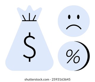 Money bag printed with dollar sign, sad face, and percentage symbol. Ideal for finance, banking, economic downturns, loans, debt, interest rates, market analysis. Line metaphor